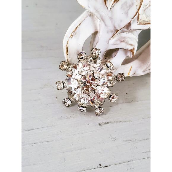 Vintage Mini Floral Clear Rhinestone Dome Brooch - Picture 1 of 6